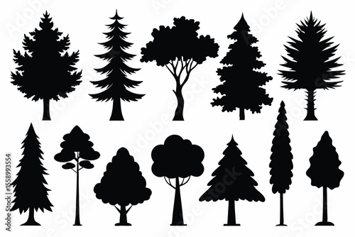 Collection of black silhouettes various tree types forest nature