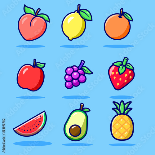 Fruit icon set summer cute retro cartoon vector hand drawn
