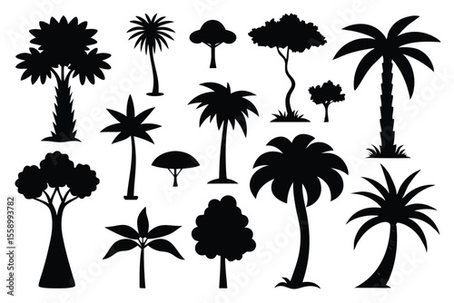 Collection of black silhouettes various tropical trees and palms