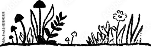 Hand drawn border with mushrooms and ferns for nature inspired designs