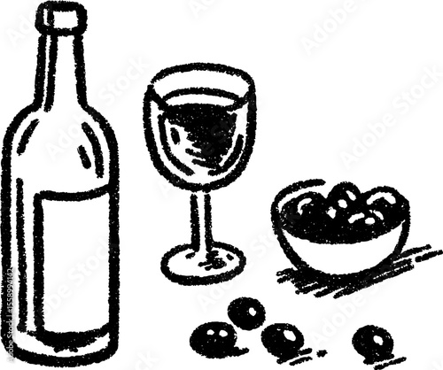 Hand drawn sketch of wine bottle, glass, and scattered olives