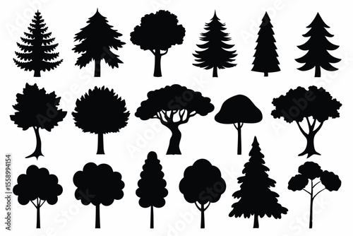 Collection of black silhouettes various tree types forest nature