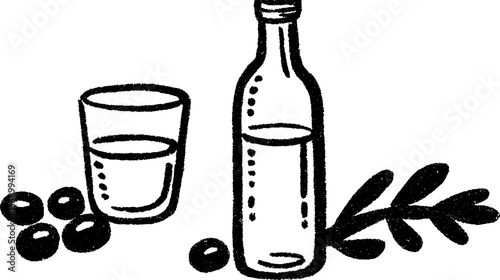 Rustic sketch of bottle, glass, and olives with organic feel