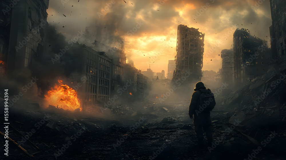 Fototapeta premium Solitary figure amidst urban destruction at dusk