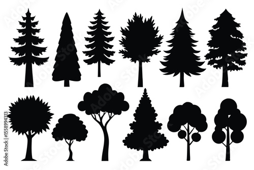 Collection of black silhouettes various tree types
