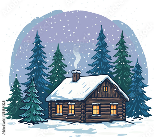 Snowy winter cabin with pine trees and glowing windows in peaceful forest scene vector illustration