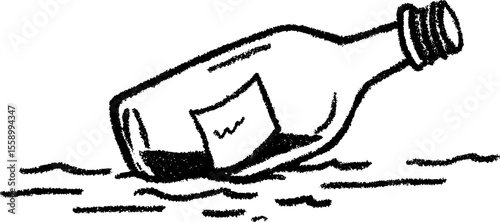 Sketch of a message in a bottle lying on water surface