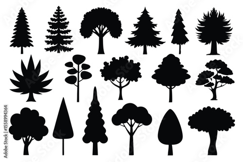 Collection of black silhouettes various tree types