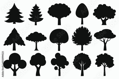 Collection of black silhouettes various tree types