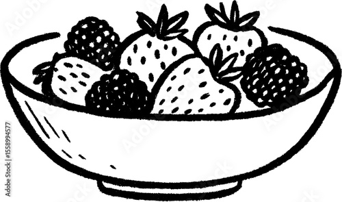 Hand drawn sketch of a bowl of fresh berries featuring strawberries and blackberries