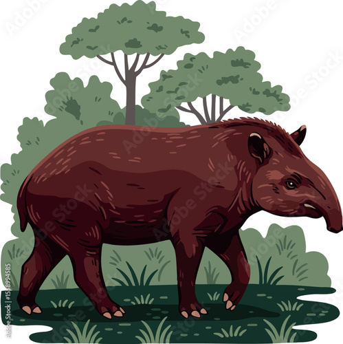 Tapir animal in forest environment vector illustration showing wild mammal walking in nature habitat