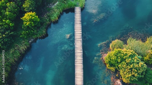 Top view of wooden bridge crossing vibrant blue river in lush tropical forest
