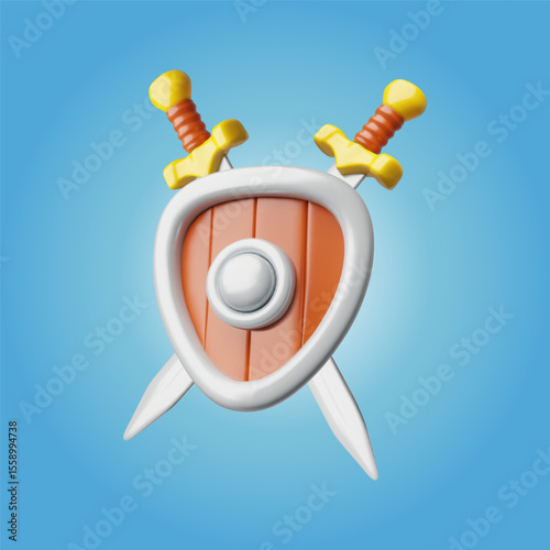 Protective medieval knight shield with two swords 3D cartoon plastic style vector, game armor ammunition and weapon