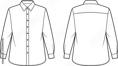 Long sleeve shirt flat sketch, front and back view, technical fashion drawing, button-up blouse template, vector outline for garment design and apparel production.