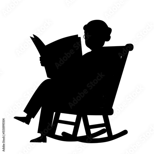Silhouette of an elderly man reading a newspaper while sitting on a rocking chair. Simple black figure design, ideal for senior life, relaxation, or retirement themes