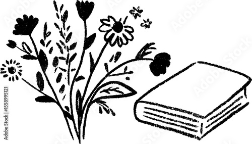 Artistic sketch of dried flowers and vintage book for creative design
