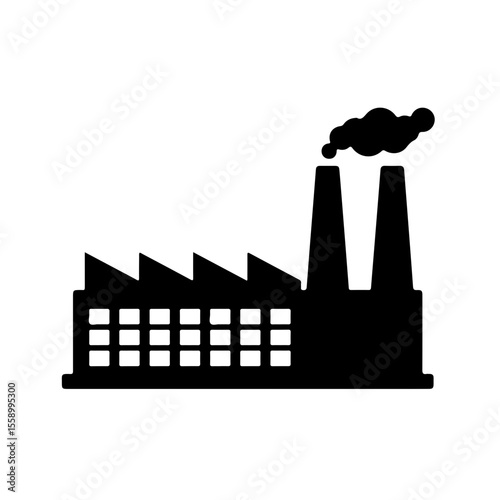 Black Factory Building with Smoking Chimney Icon. represents manufacturing, industry, production, and often, industrial pollution