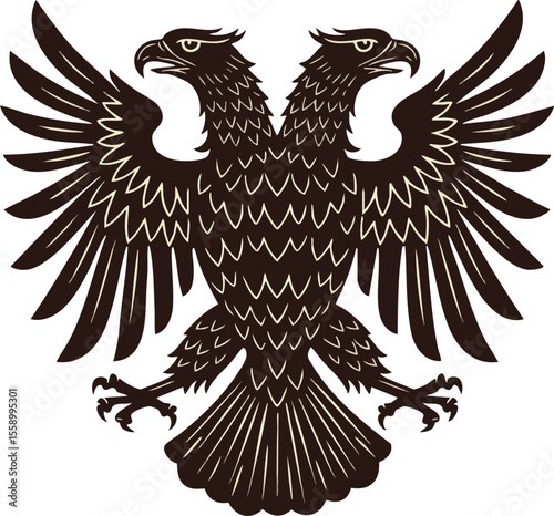 Double headed eagle heraldic symbol vector design in dark brown classic style for emblem and logo use
