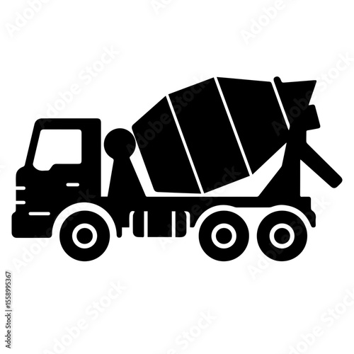 A black icon of a cement mixer truck, symbolizing construction and concrete work represents construction, building, heavy machinery, and industrial work.