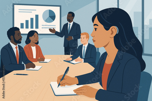  Professional Woman with Hearing Impairment Taking Notes in Business Meeting Diverse Colleagues Modern Office Vector Illustration