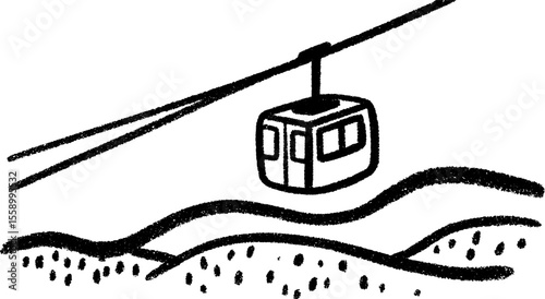 Cable car suspended over hillside with hand drawn texture and dynamic lines