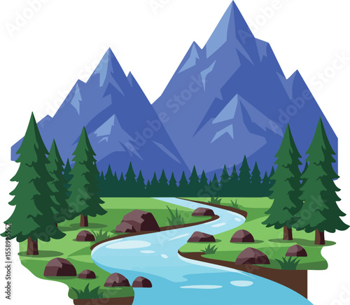 Mountain landscape with river flowing through pine forest and rocks in natural scenic environment vector illustration