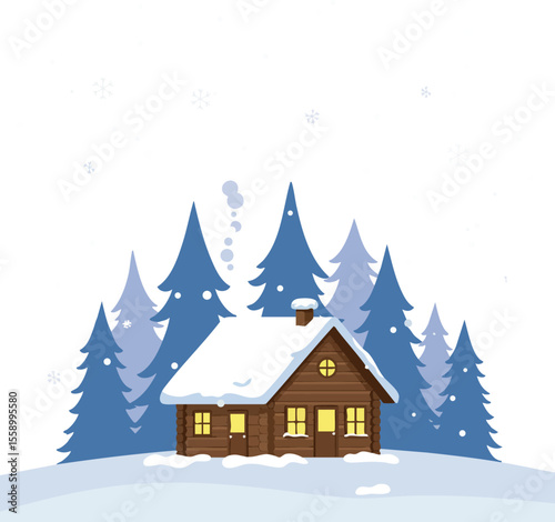 Winter cabin surrounded by snow-covered pine trees with smoke from chimney in cold snowy landscape vector illustration