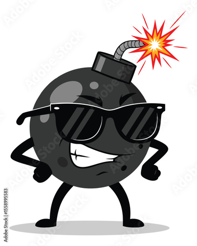 Cartoon Bomb Character with Lit Fuse and Sunglasses Emitting Urgency and Danger in a Fun and Playful Style