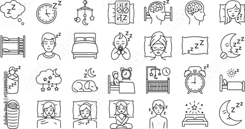 Collection of various black and white line art icons depicting sleep and bedtime related objects and people