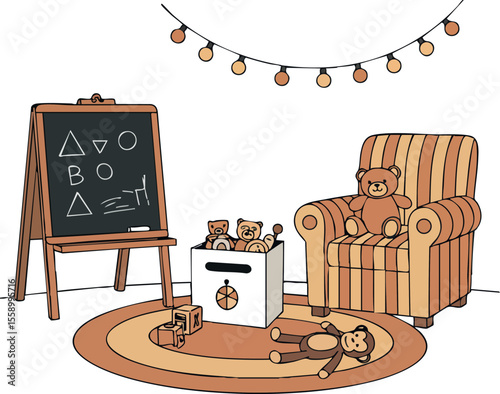Cozy childrens playroom with teddy bears educational chalkboard and comfortable striped armchair in warm tones