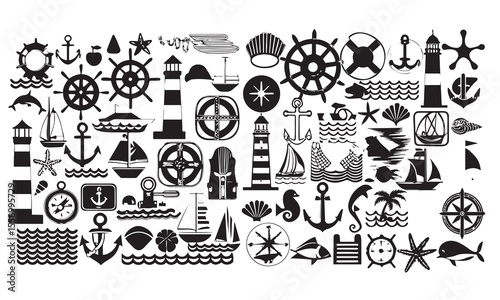 Collection of nautical vector icons featuring a ship, anchor, compass, lighthouse, dolphin, sailboat, fish, wheel, and life preserver