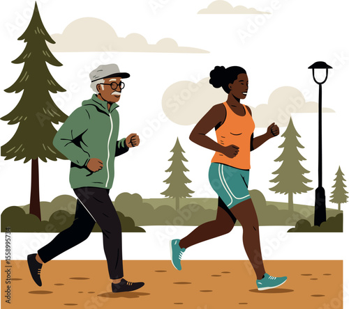 Elderly man and young woman jogging together in park with trees and lamp post outdoor fitness activity vector illustration