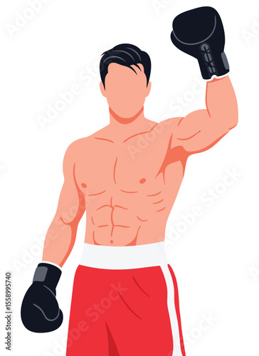 Dynamic Boxer Raising Gloved Hand in Triumph Celebrating Victory in Sport with Strength and Determination Illustrating Athletic Achievement