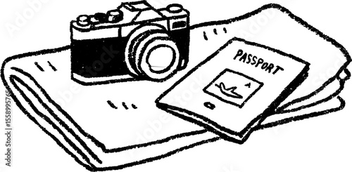 Travel essentials sketch: camera and passport on beach towel illustration