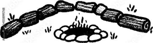Hand-drawn sketch of camping area with fire pit and logs for outdoor adventure design