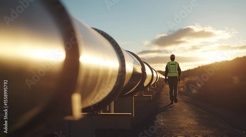 Industrial worker walking alongside large metallic pipeline at sunset
