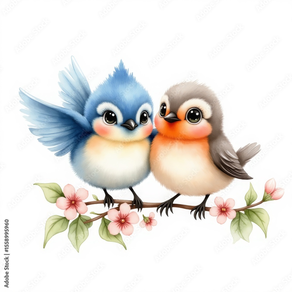 Fototapeta premium Watercolor Illustration of Baby Bluebird and Robin Shaking Wings on a Blooming Branch, Symbolizing Friendship and Springtime Innocence
