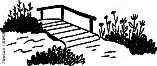 Charming canal path with footbridge and lush shrubs in hand drawn sketch