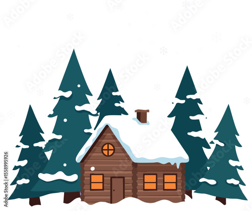 Snowy wooden cabin surrounded by pine trees winter forest landscape vector illustration