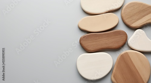 A collection of organic wood shapes rests on a grey background