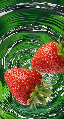 Fresh strawberries spinning in green liquid vortex with vibrant splash motion
