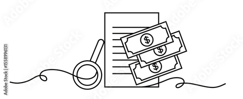 the art of drawing a continuous line from the Rapidly Growing Outsourced Accounting Services. dollar coin. paper dollar. magnifying glass on a sheet of paper.