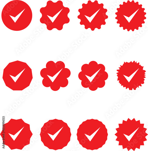 Collection of Red Checkmark Badge Icons with Diverse Geometric and Decorative Shapes for Use in UI Design, Certification, Approval Labels, and Reward Systems.