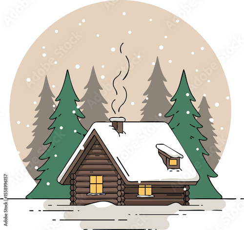 Cozy winter cabin with smoke chimney surrounded by pine trees in snow vector illustration