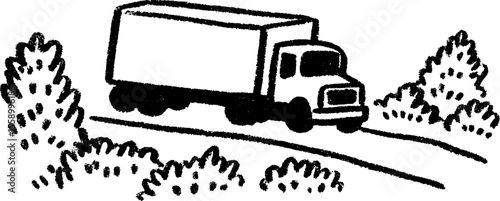 Hand drawn sketch of cargo truck on roadside with trees