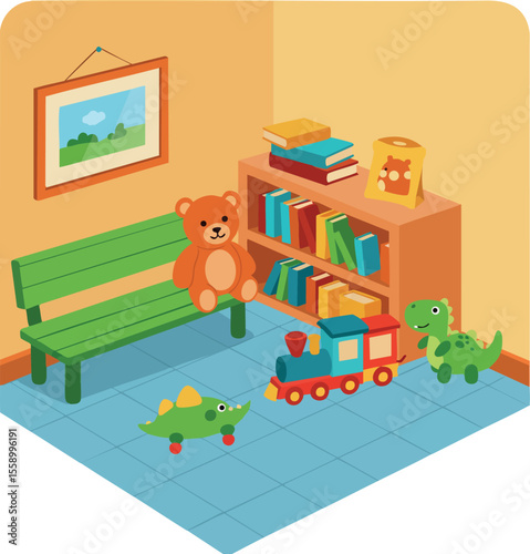 Childrens playroom with toys bench bookshelf stuffed bear and dinosaur in cozy corner interior design