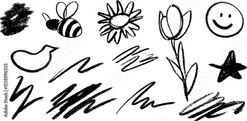 Playful sketch of cartoon bee and flower with crayon textures