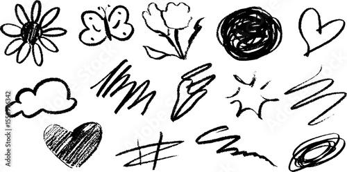 Playful cartoon flower and butterfly sketch with whimsical doodles