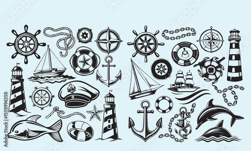 Collection of nautical vector icons featuring a ship, anchor, compass, lighthouse, dolphin, sailboat, fish, wheel, and life preserver