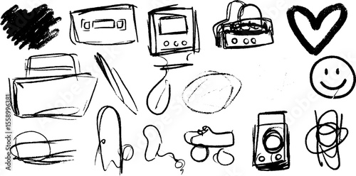 Retro audio memories: sketch of cassette tape and floppy disk